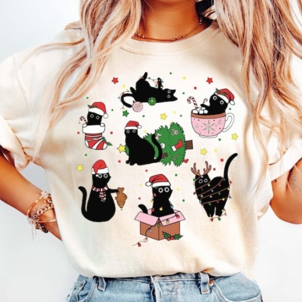 Christmas Funny Cat Shirt, Meowy Christmas Graphics T-shirt